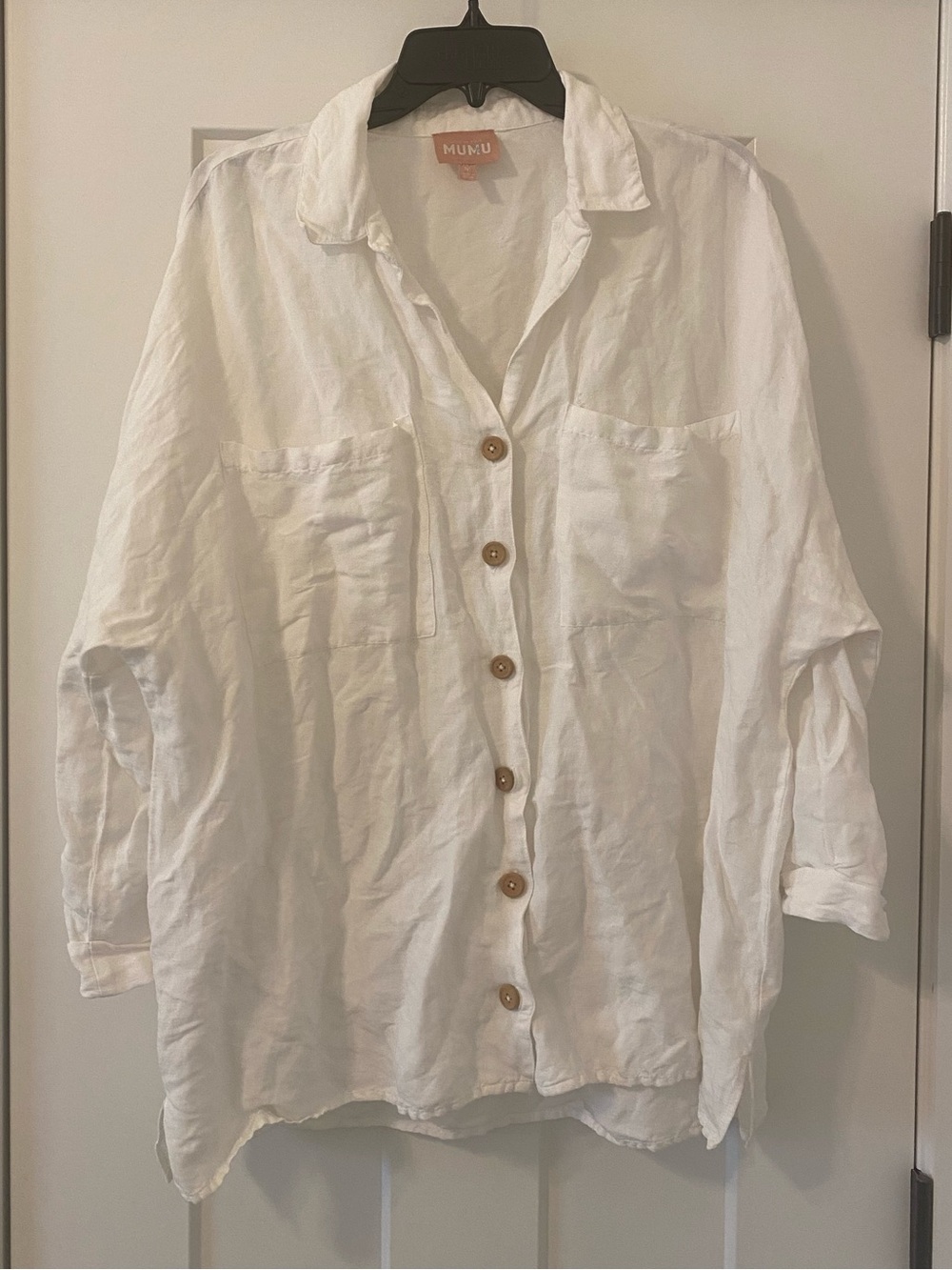 Mumu Linen Blend White John Button Down with wood buttons